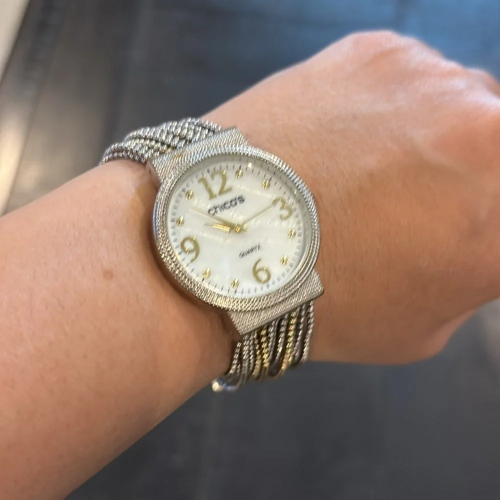 Chico’s Two Tone Fashion Chain Women's Silver Watch with Gold Accents